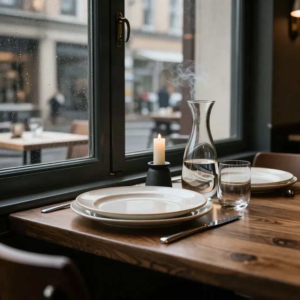 Quiet restaurant window table with stacked plates, candle smoke, and a glass carafe at dusk.