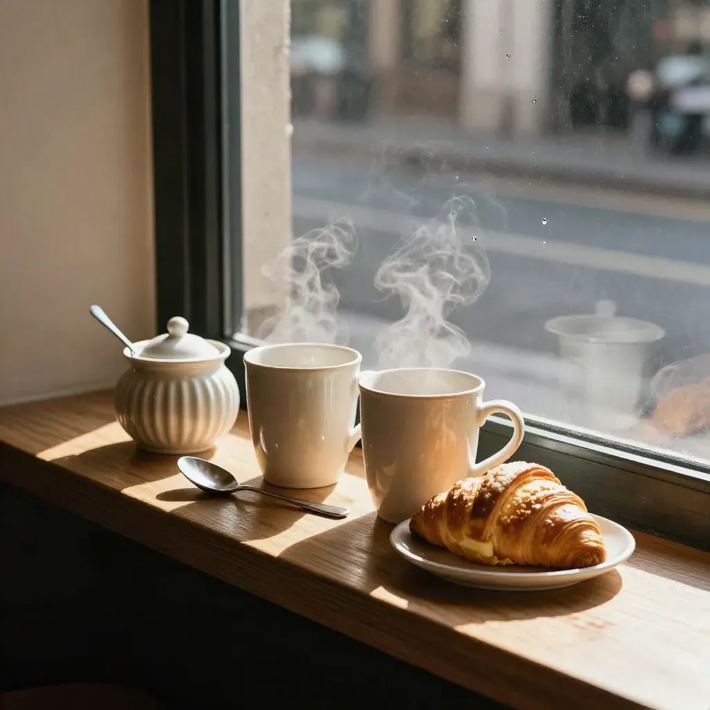 Two mugs, sugar bowl, spoon and pastry dome on a café ledge, steam on the window, street blurred beyond.