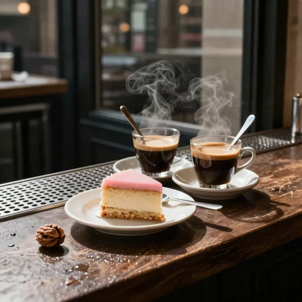 Late café bar still life with tiny cake, two espresso cups, spoon, and dark window reflection.