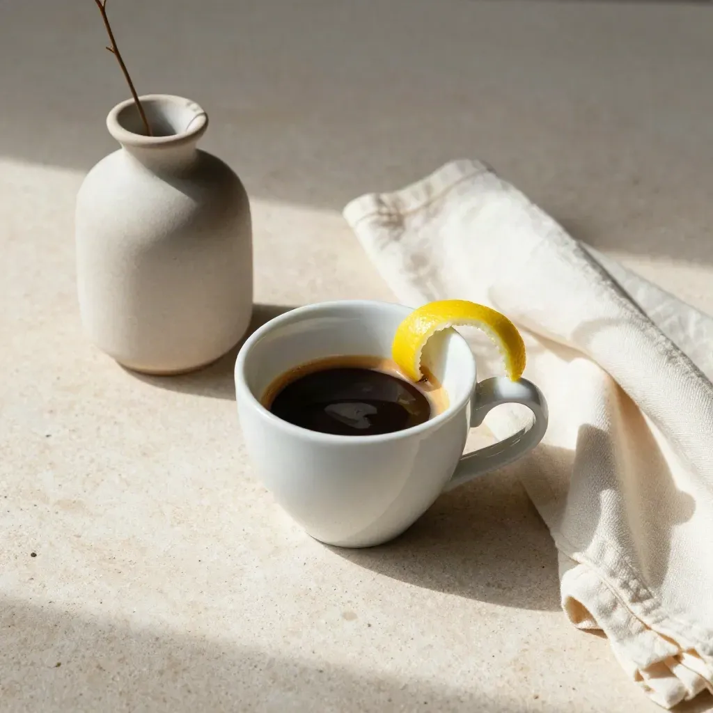 Overhead flatlay of espresso cup with lemon peel, bud vase, and cream cloth on pale stone.