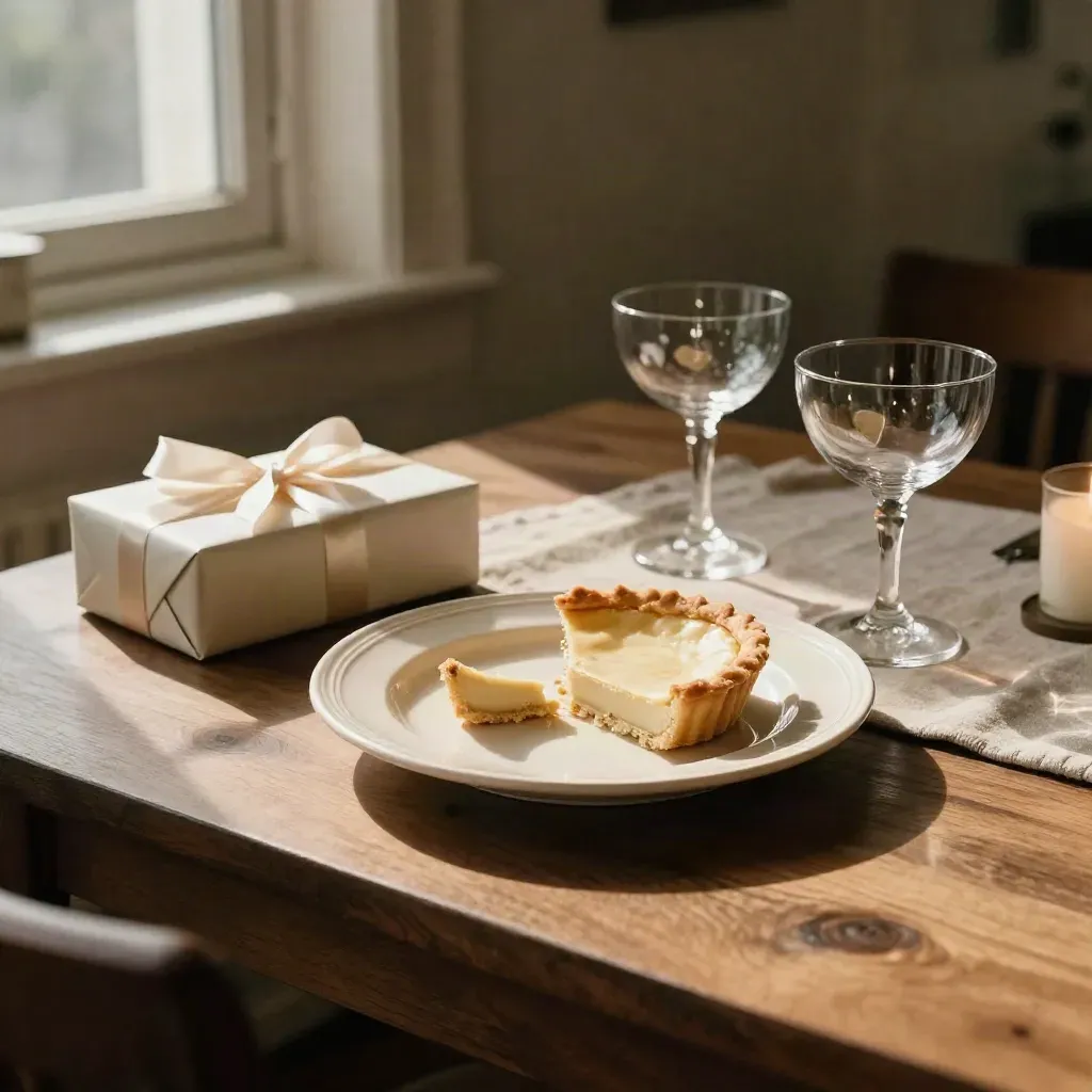 Kept tart, gift box and coupe glasses on a cozy candlelit table.