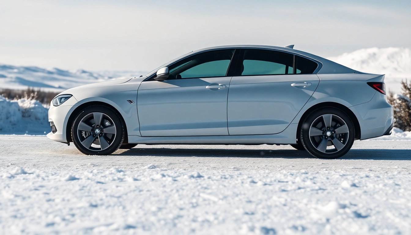 PPF winter road salt protection showcased on a sleek car in a snowy landscape.