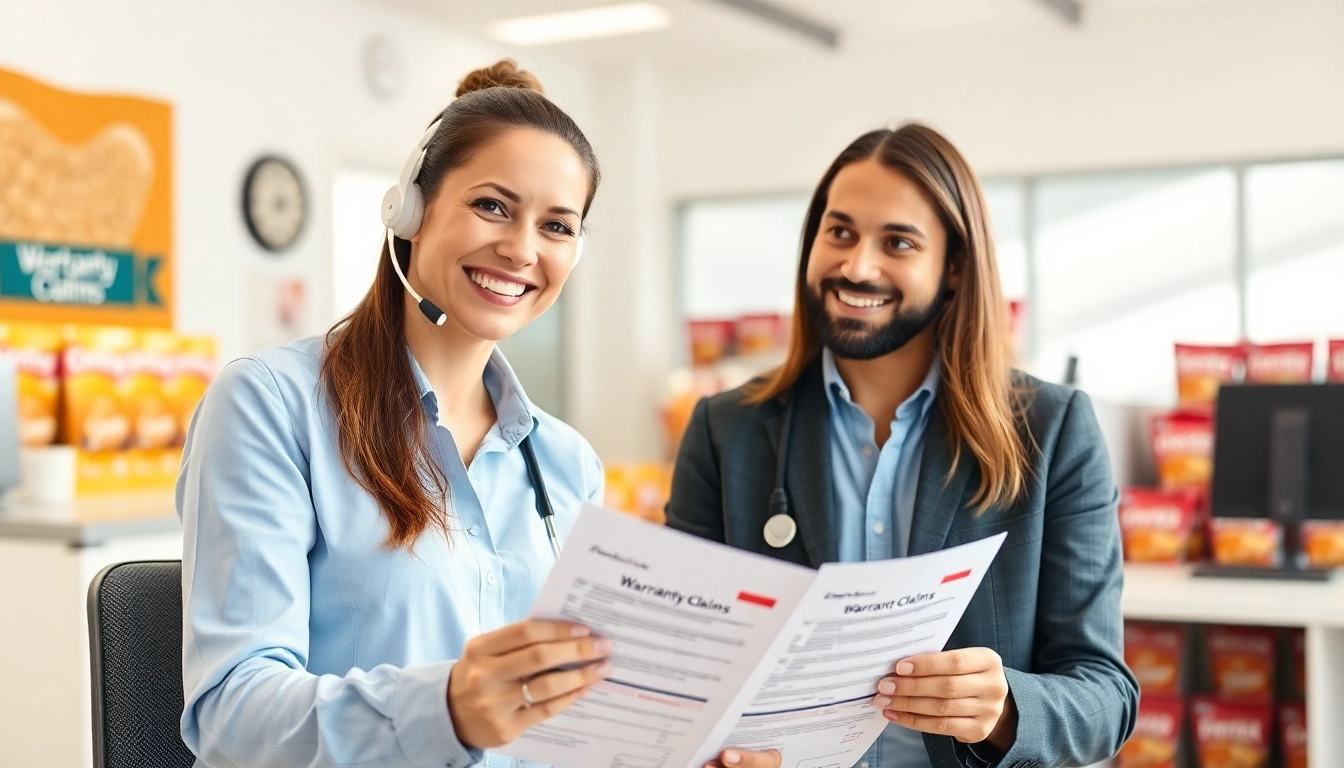 Effortlessly handle no hassle warranty claims with a friendly representative in a bright office.