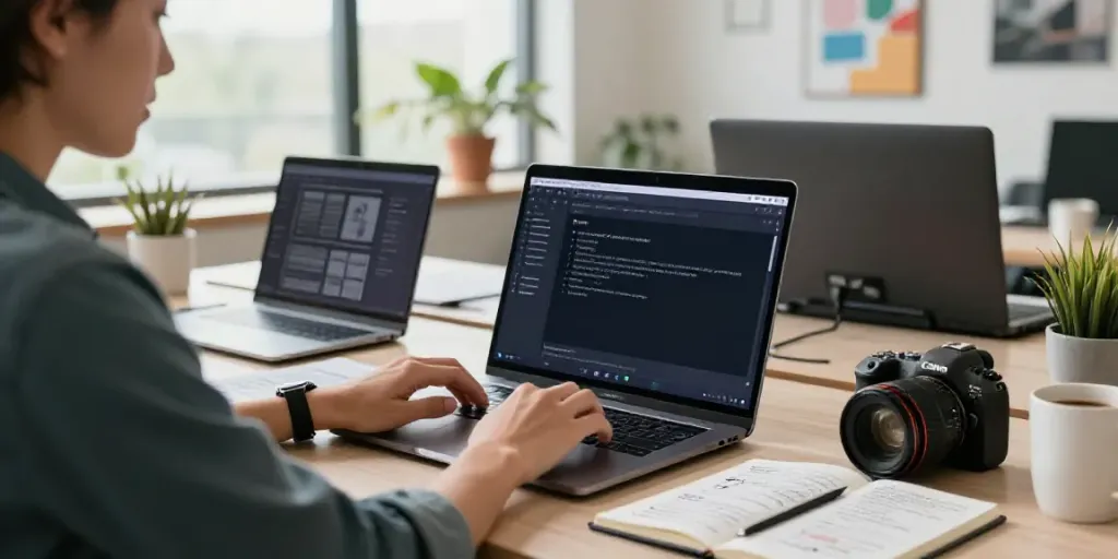 Generating website copy with AI in a modern workspace surrounded by creative tools and a vibrant atmosphere.
