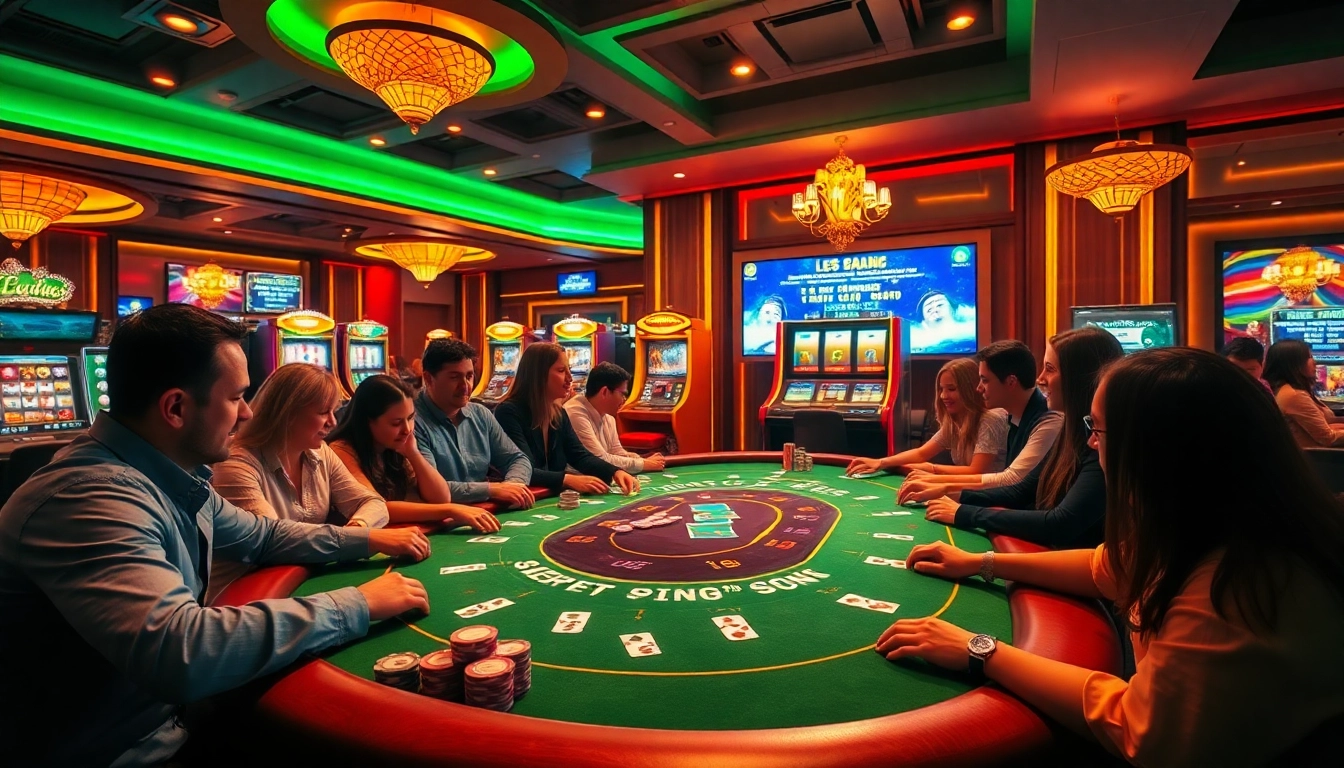Scène captivante de joueurs profitant du poker dans un casino en ligne france fiable, mettant en avant des tables vibrantes et des machines à sous.