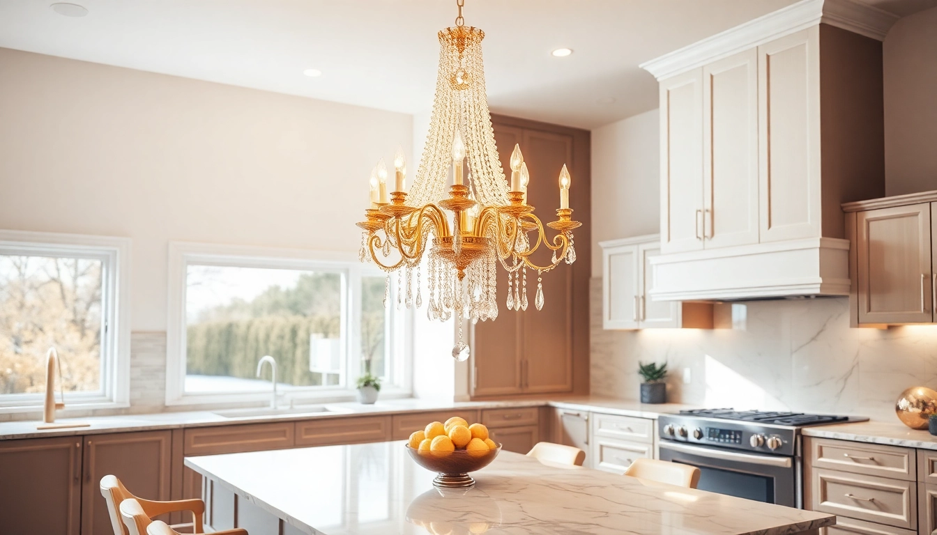 Captivating island chandelier illuminating a modern kitchen with a warm, elegant atmosphere.
