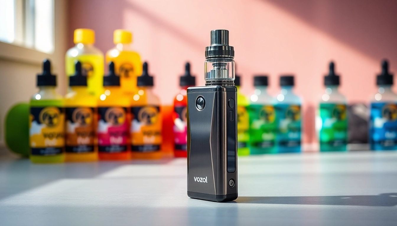 Vorzugsweise vozol, stilvolles Vape-Gerät mit bunten Liquids im Hintergrund.
