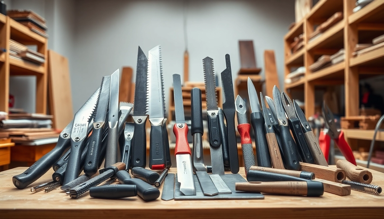 Showcase of cutting equipment on a workshop bench, highlighting tools for precision cutting.
