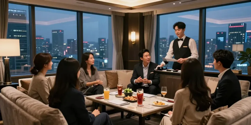 강남구구단 쩜오의 고급스러운 독립 룸에서 친구들과 함께 즐거운 시간을 보내는 모습