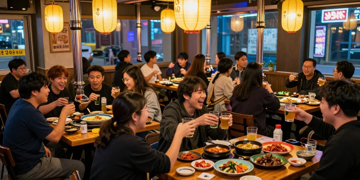 People enjoying a lively night at 상봉동 한국관나이트, sharing traditional Korean dishes and drinks.