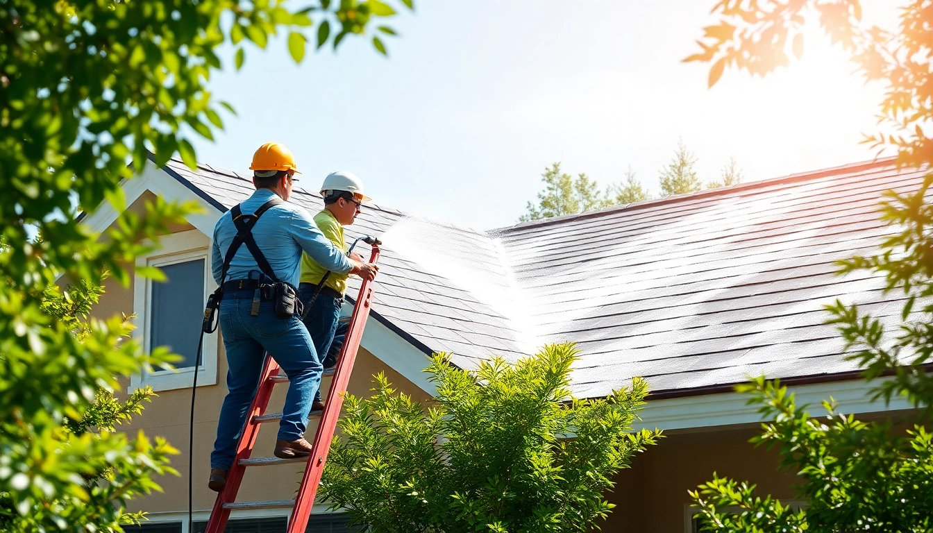 Roof cleaning services in Kissimmee, showcasing professionals using soft washing techniques safely.