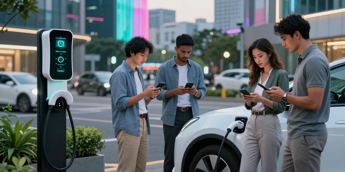 Portable ev charger supplier showcasing an electric vehicle charging at a modern station in an urban setting.
