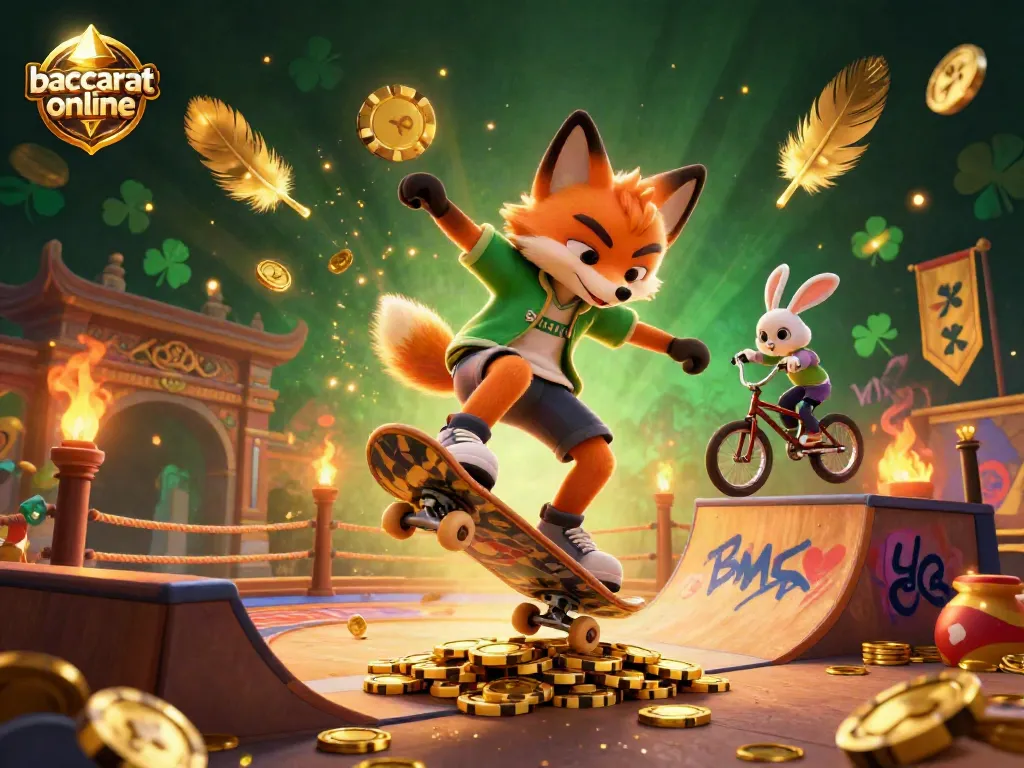 Baccarat online scene featuring a skateboarder fox and BMX rabbit surrounded by casino elements and casino-themed graffiti.