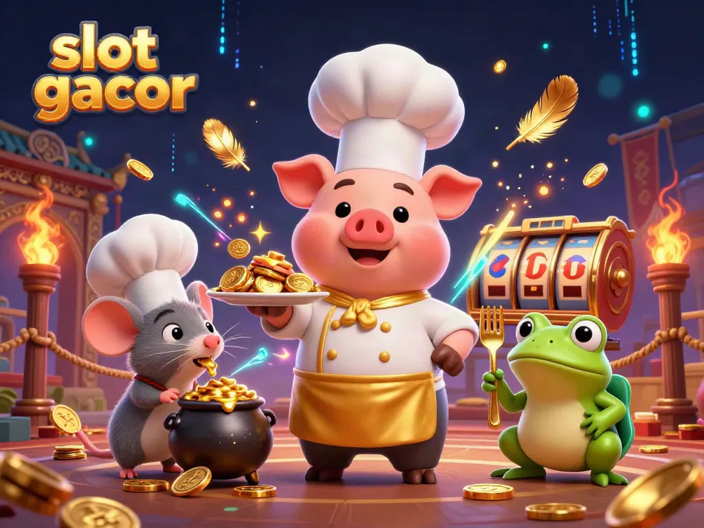 Experience the excitement of slot gacor with gold coins and dynamic casino elements in a colorful 3D scene.