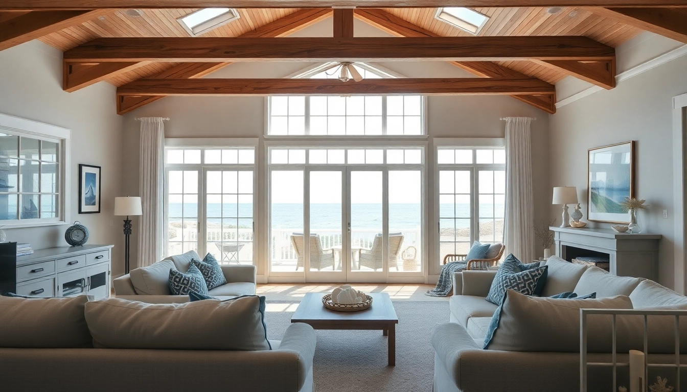 Showcasing a stylish cape cod home interior with large windows and coastal decor.