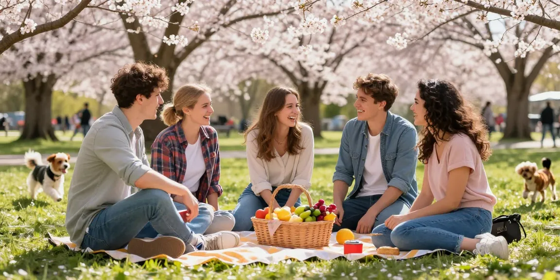 A group of friends enjoying a picnic in the park, sharing a moment about their crush on each other.