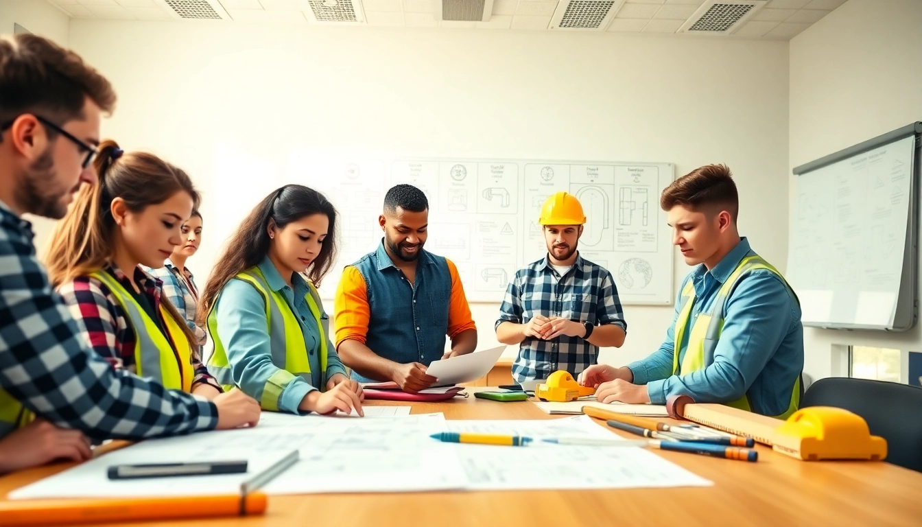 Engaging construction training programs featuring diverse students collaborating on projects.
