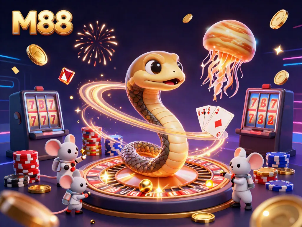 Experience thrilling gaming on M88 with astronaut mice betting and cosmic elements in a vibrant casino scene.