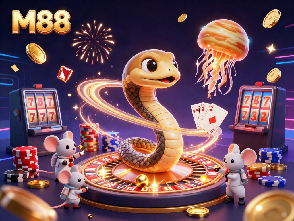 Experience thrilling gaming on M88 with astronaut mice betting and cosmic elements in a vibrant casino scene.