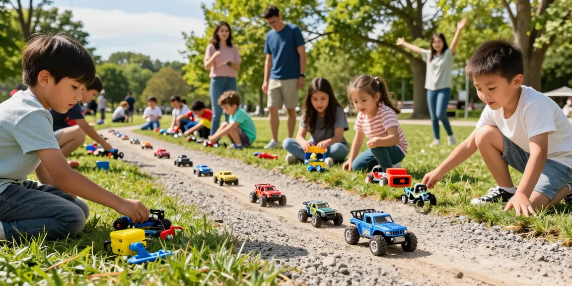 Engaging scene of enthusiasts racing ROKOK88 RC cars and trucks outdoors, showcasing the excitement of the rokok88 link login experience.