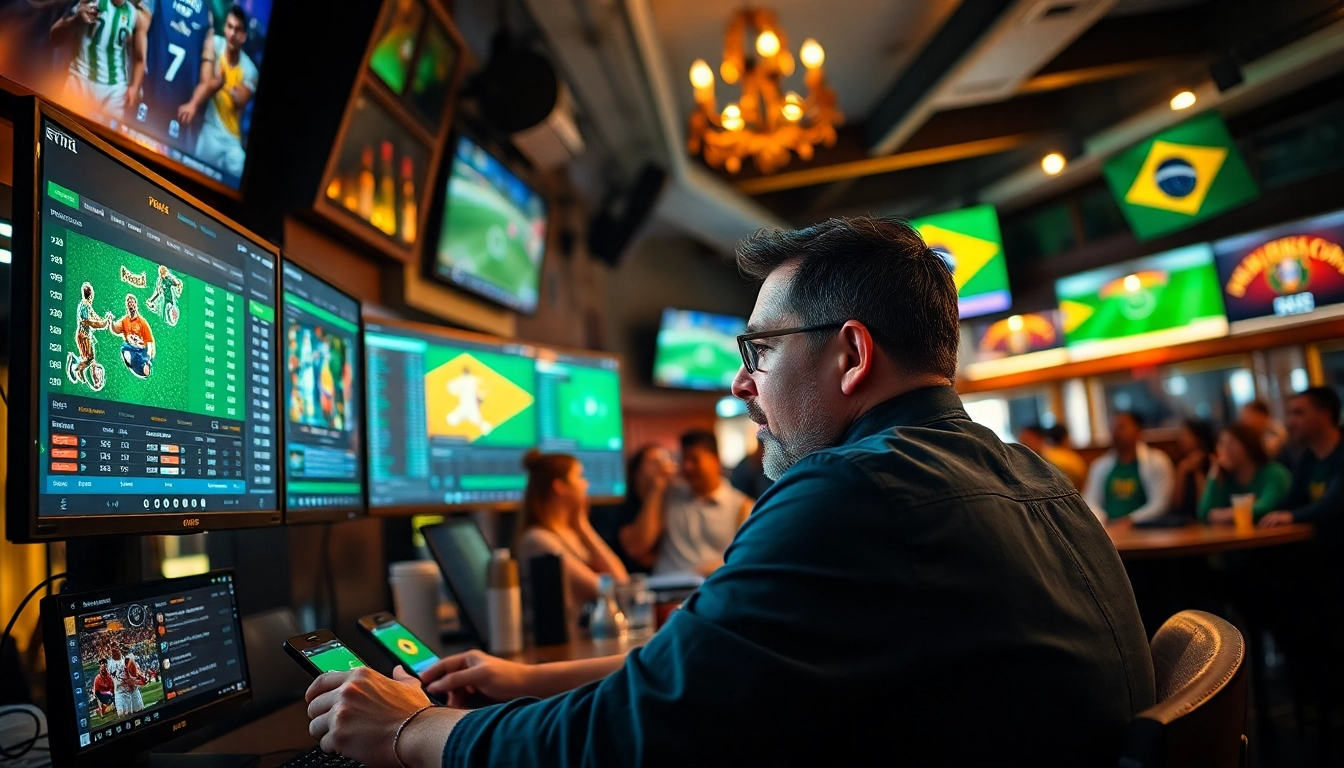 Bettor analyzing the best sportsbooks in Brazil in a vibrant sports bar filled with energy.