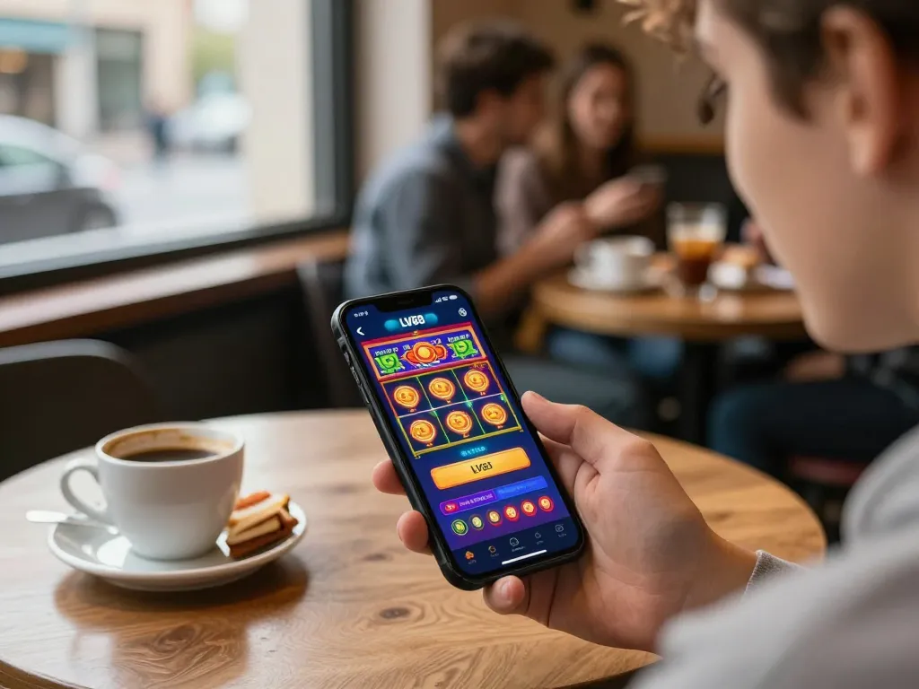 Using the LV88 app to play vibrant slot games in a cozy café setting, showcasing mobile gaming excitement.