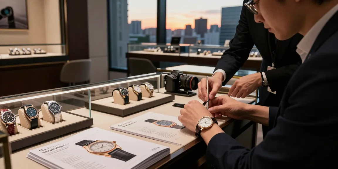 Person trying on super clone watches in trendy luxury retail environment during sunset.