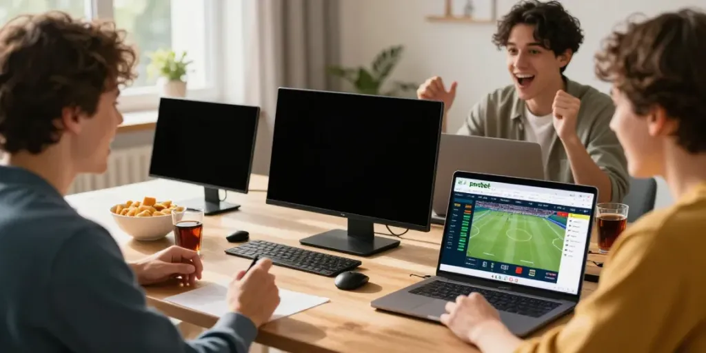 Parsbet ile spor bahisleri heyecanı yaşayan arkadaşlar ev ortamında bir arada.
