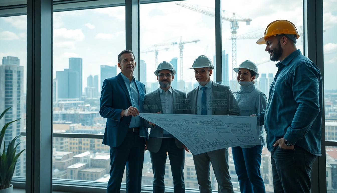 Engaging scene of Real Estate Development professionals collaborating over blueprints in an urban setting.
