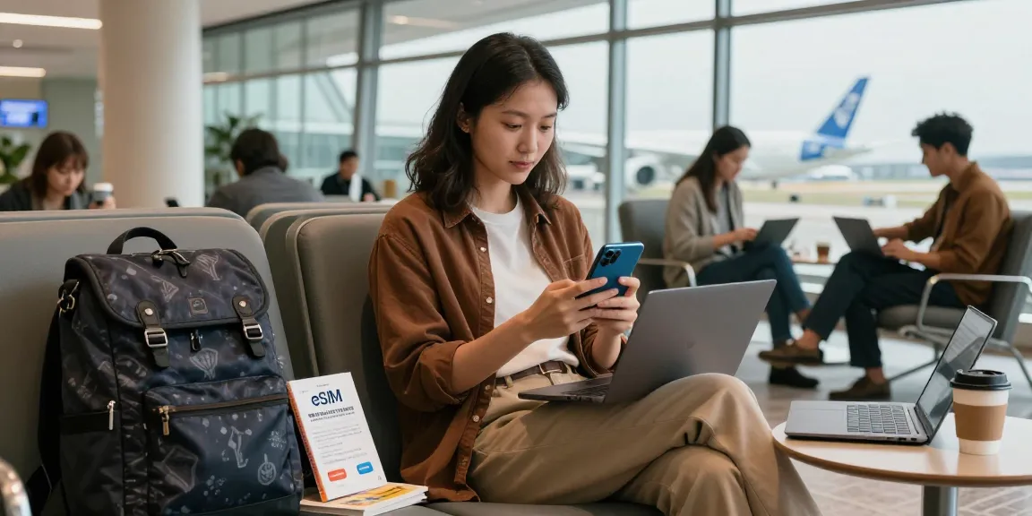 Checking eSIM优惠券 (eSIM yōuhuìquàn) deals in an airport lounge with travel gear.