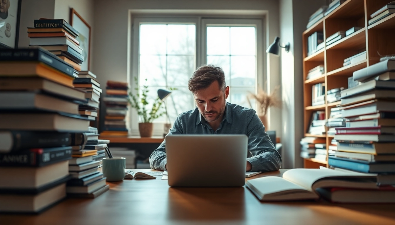 Author focuses on writing in a serene home office, surrounded by books and natural light.