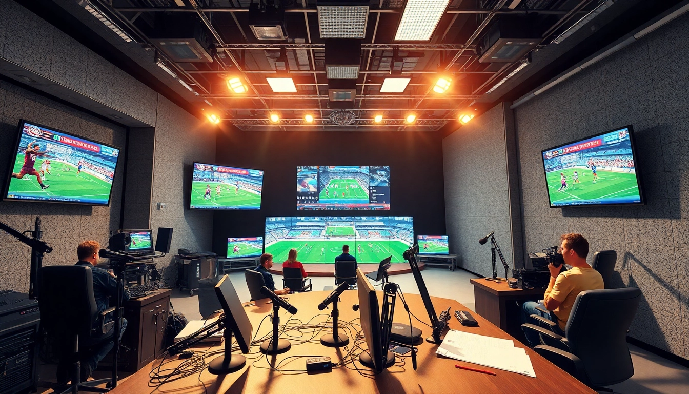 Dynamic scene showcasing sports broadcasting equipment and professionals at work.