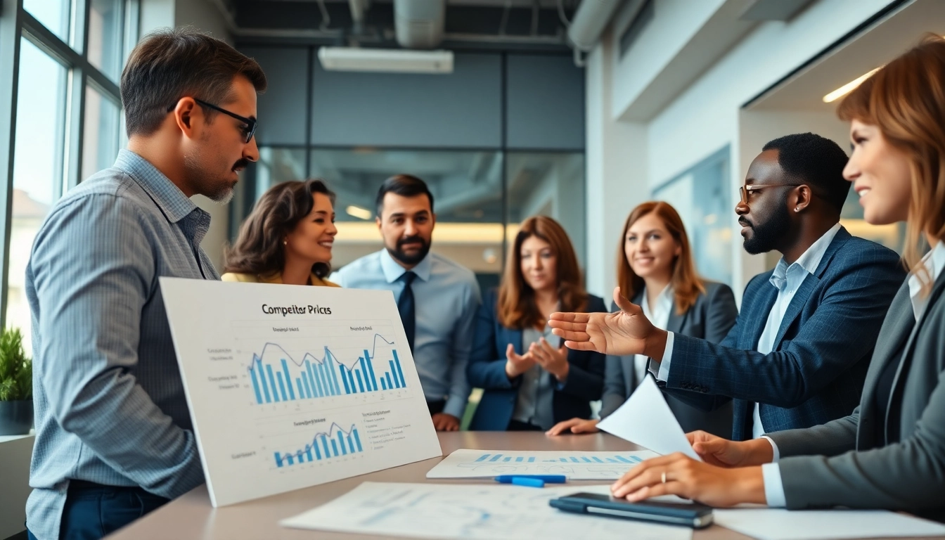 Analyzing competitor pricing strategies during a professional meeting with diverse individuals.