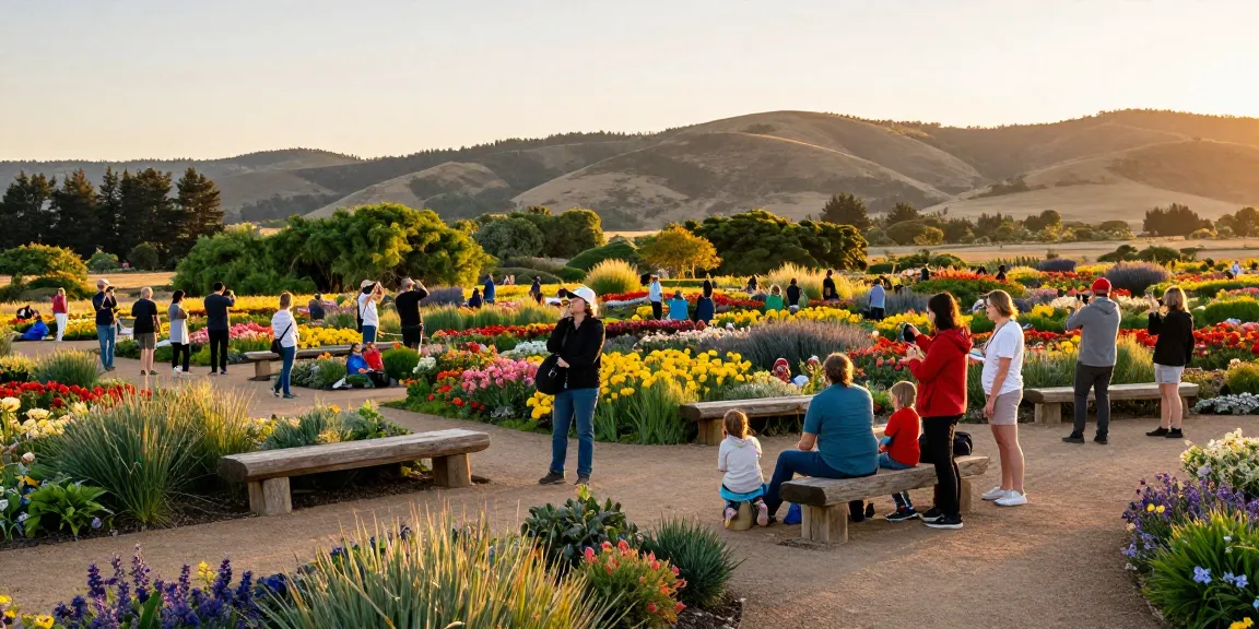 Tourists enjoying the vibrant flowers at https://www.thecapayvalleygardentour.com during golden hour.