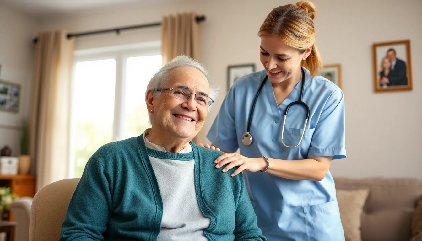 Elderly in home care near me, depicting a caregiver assisting a senior in a cozy living room.
