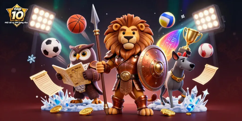Dynamic depiction of top 10 nhà cái uy tín hàng đầu scene with a Spartan lion, strategist owl, and messenger greyhound amidst sports elements.