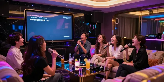 강남 달토의 고급 카라오케 룸에서 즐거운 친구들이 노래하는 모습