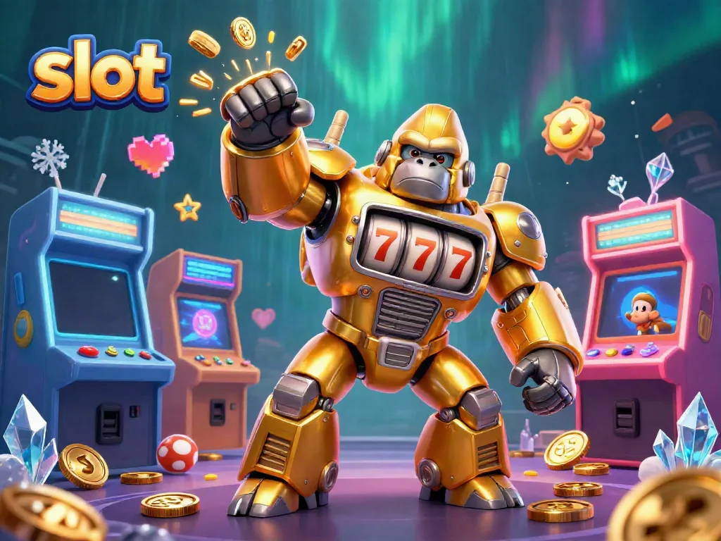 Engage with thrilling slot action featuring a golden gorilla mech and vibrant arcade machines.