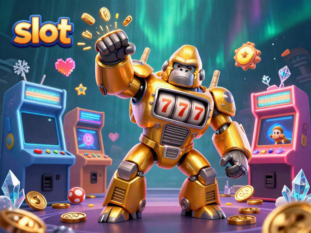 Engage with thrilling slot action featuring a golden gorilla mech and vibrant arcade machines.