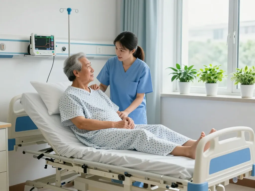 Comfortable giường bệnh nhân in a hospital room with caregiver and patient, emphasizing care and healing.