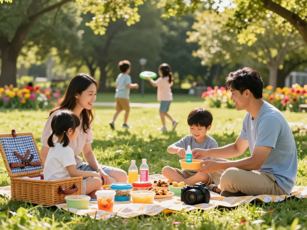 Family enjoying a picnic with a mosquito repellent on a basket in a sunny park.