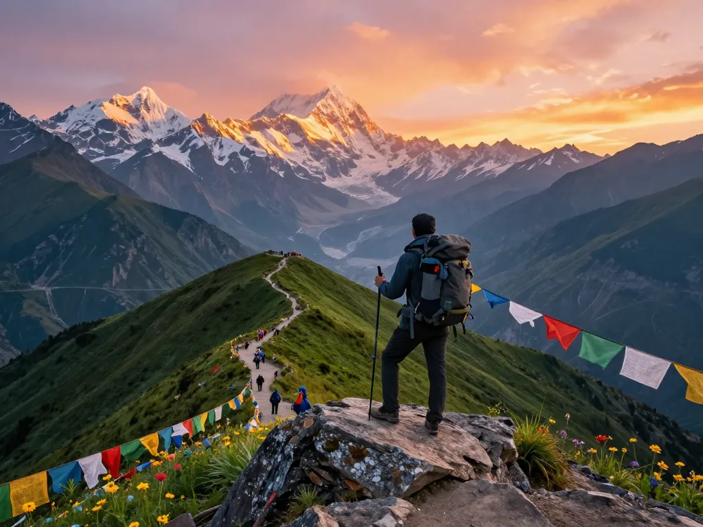 Stunning view of a traveler during trek to Annapurna Circuit at sunrise with colorful mountains and lush landscape.