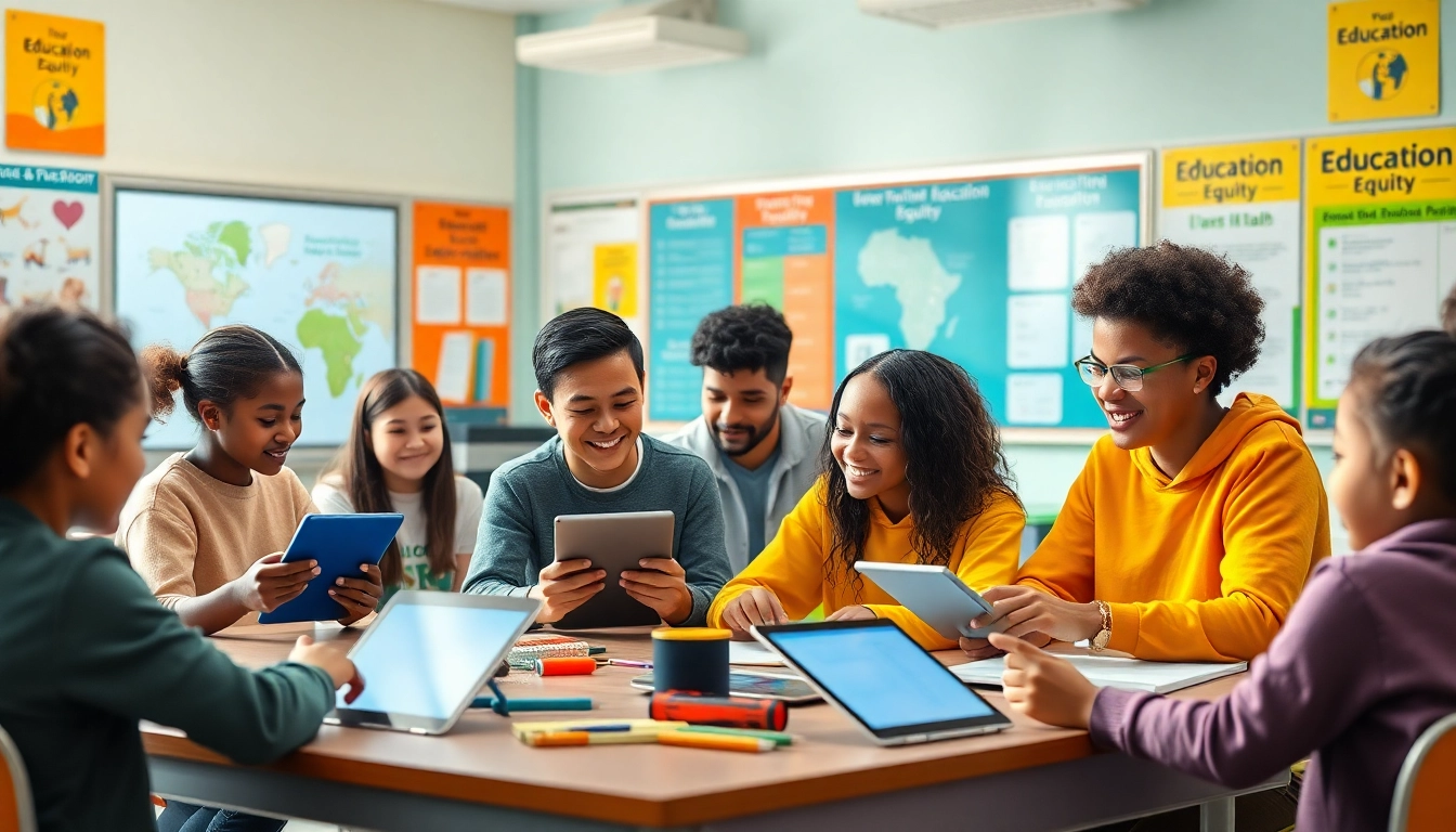 Students engaging with technology to promote education equity in a vibrant classroom.