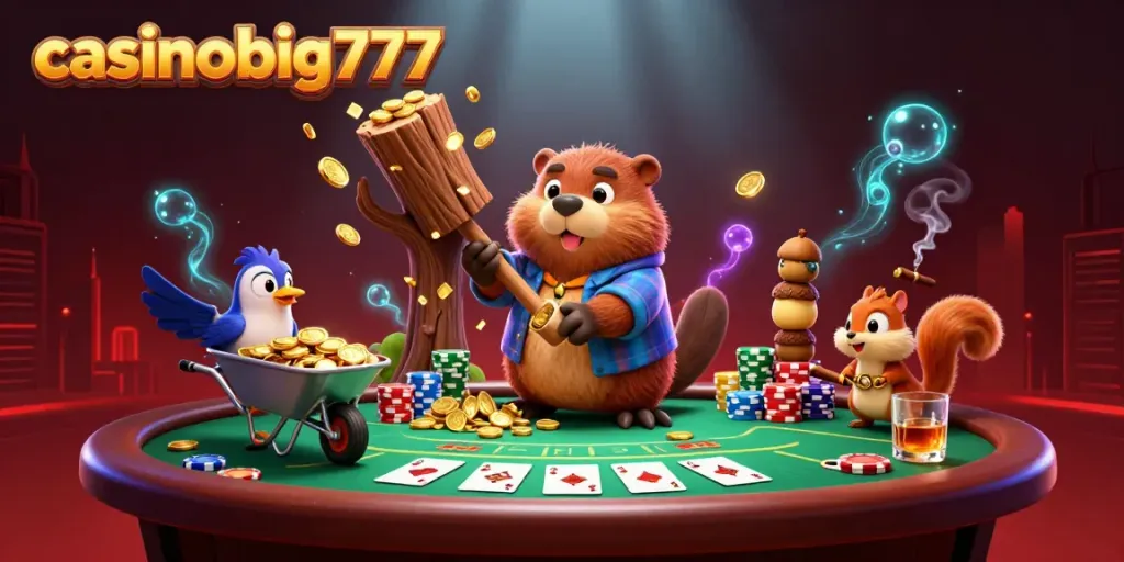 Experience the thrill of casinobig777 with a lively 3D illustration of gaming characters and poker elements.