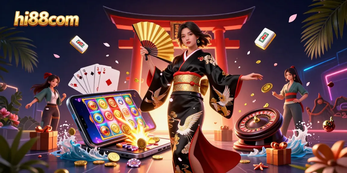 Experience immersive gaming with hi88com's vibrant scene of colorful slot games, golden coins, and traditional Asian elegance.
