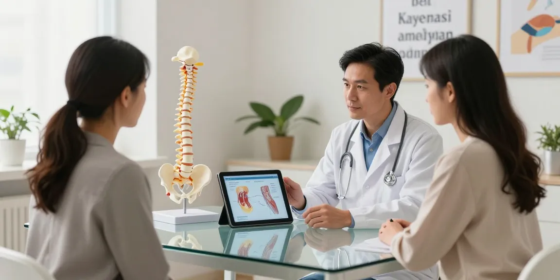 Doctor discussing bel kayması ameliyatı, highlighting procedure details in a modern clinic.