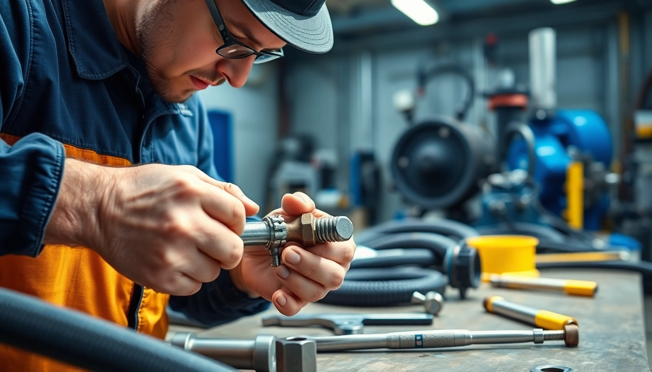 Expert executing hydraulic hose repair, showcasing precision craftsmanship in a workshop setting.
