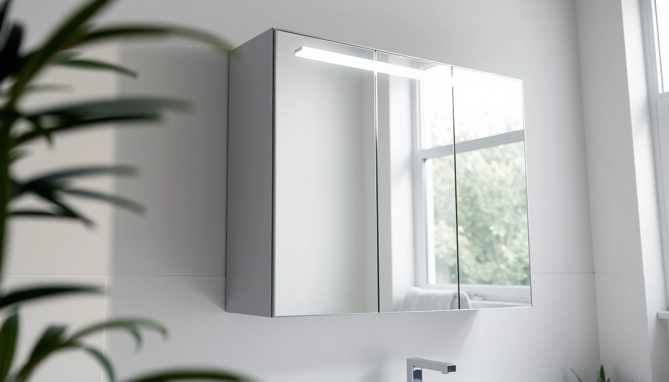 Reflective mirrored bathroom cabinet with light enhancing modern bathroom aesthetics.