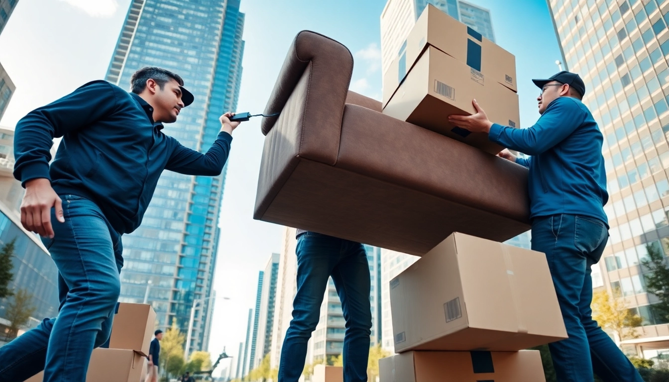 Canadian movers assisting with a large couch in a city environment, showcasing teamwork.
