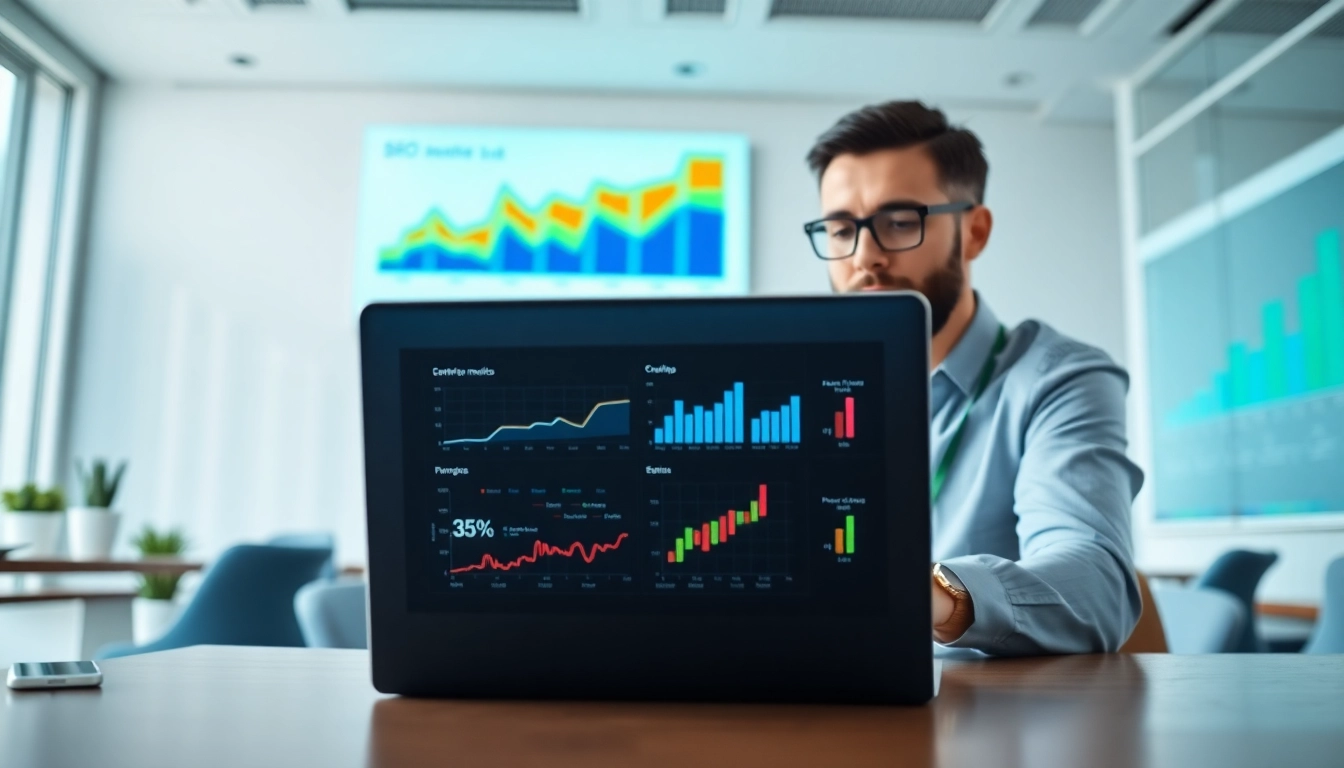 Analyze SEO performance metrics in a modern office setting with vibrant data visuals.